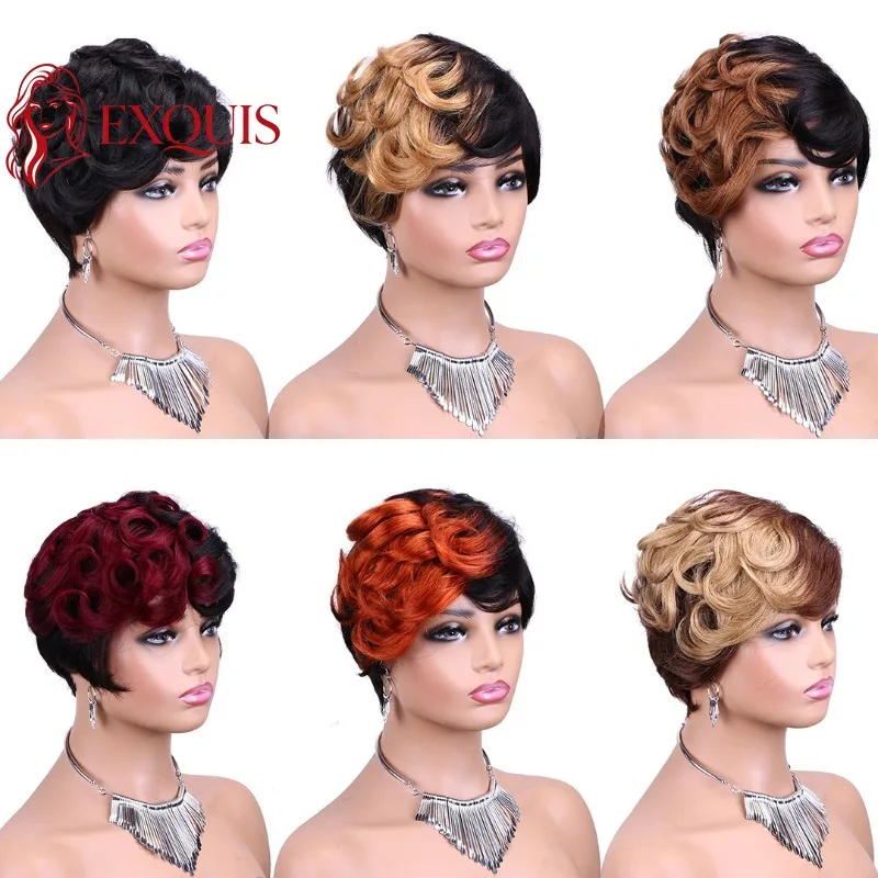 Premium T1B/30#T1B/27#T1B/99J Short Curly Human Hair Full Machine Wig Brazilian Virgin Remy180%Density for Black Women Daily Use