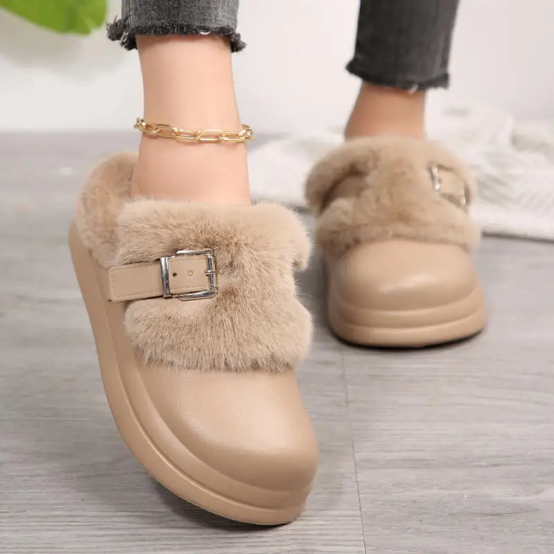 

Waterproof Eva Thick Bottom Furry Clogs Women 2025 Winter Metal Buckle Fluffy Fur Outdoor Slippers Woman's Warm Plush Slippers