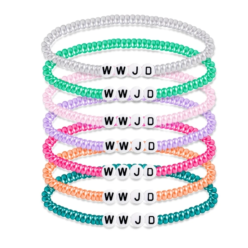 7 Pieces WWJD Elastic Bracelets Stretch Beaded Bracelet Summer Religious Gifts Dropship