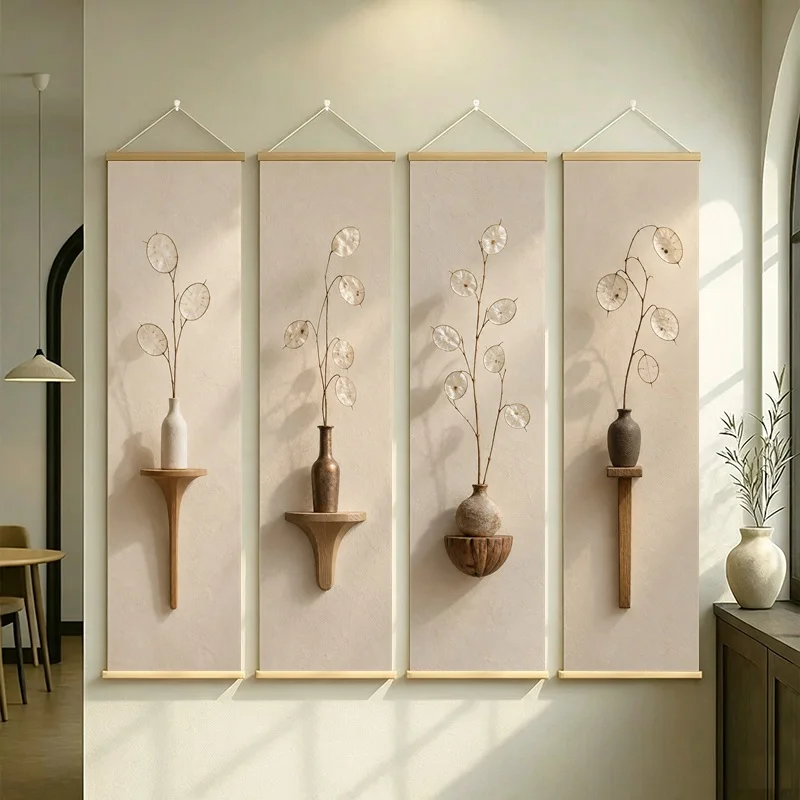 Seed Pod Wall Art 4-Panel White Stem Vase Hanging Scroll Set on Beige Silver Shimmer Canvas for Neutral Bedroom Home Decor