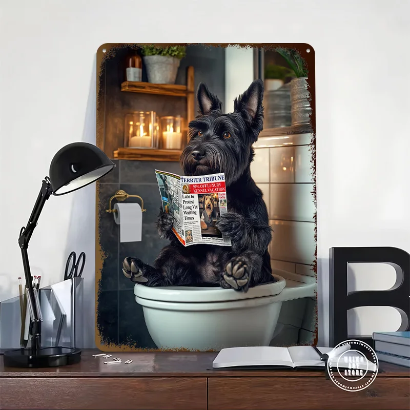 Scottish Terrier on the Toilet Tinplate Poster Custom Wall Art Vintage Metal Signs Retro Tin Plaque for Decoration Bedroom House