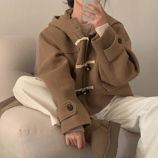 

Winter New Vintage Buttoned Hooded ort Woolen Coat Ladies' Single Piece Polyester Fiber Casual Faion Outerwear