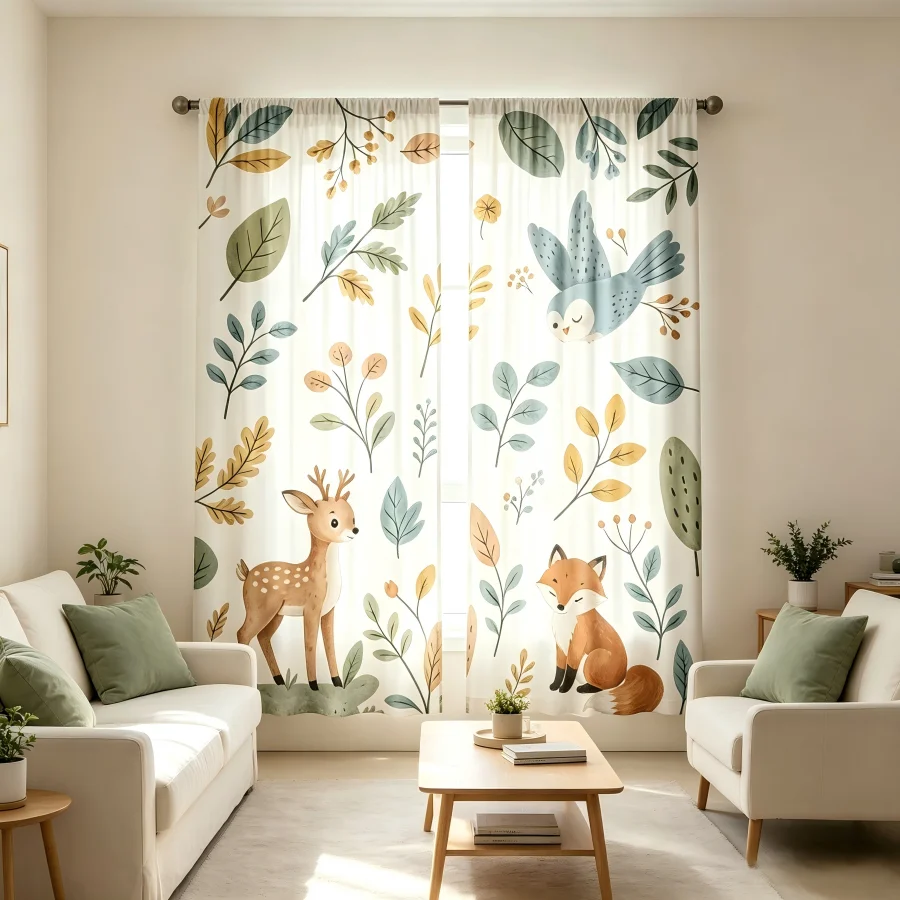 2PCS Digital Print  Curtain, Deer Fox, Vintage Retro Aesthetic  Drape for Apartment Dorm Bedroom Home Decoration