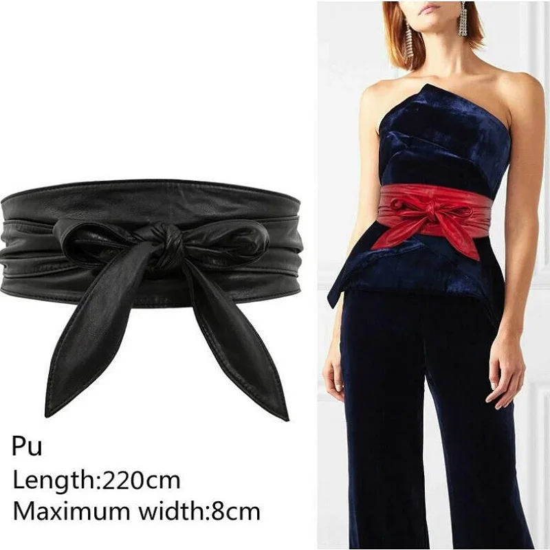 

ZLY 2021 Women Lace Up Belt New Bowknot Belts Longer Wide Bind Waistband Ties Bow Ladies Dress Decoration Fashion Pu Metarial