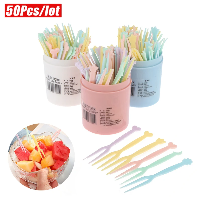 50Pcs/Set Mini Fruit Picks Sweet Candy Color Children Kids Cute Cartoon Handle Snack Dessert Forks Bento