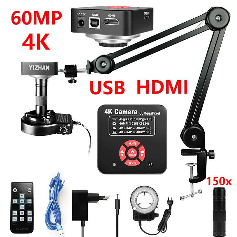 Microscopio Digital electrónico 4K 60MP HDMI USB cámara Full HD 150X microscopio Industrial microscopio ajustable para electrónica