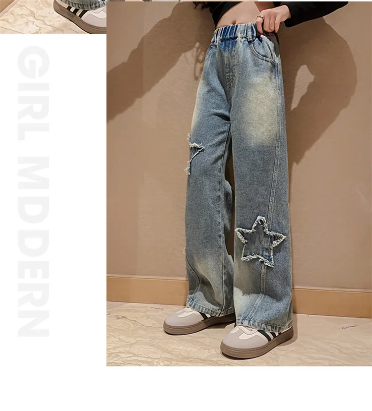 High-Waist-Jeans für Mädchen, gerade geschnittene, lockere Weitbein-Hosen, Frühling und Herbst, koreanische Vintage-Jeans, modische Kinder-Denim-Hosen für Teenager. – Detail 4