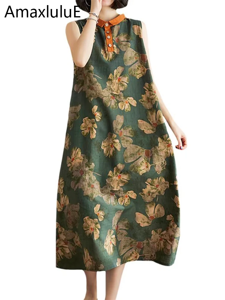 Amax luluE Chińska Elegancka Sukienka Bez Rękawów Letnia Damska Moda Drukowana Luźna Sukienka Damska Luksusowa Codzienna Lniana Długa Sukienka Vestidos