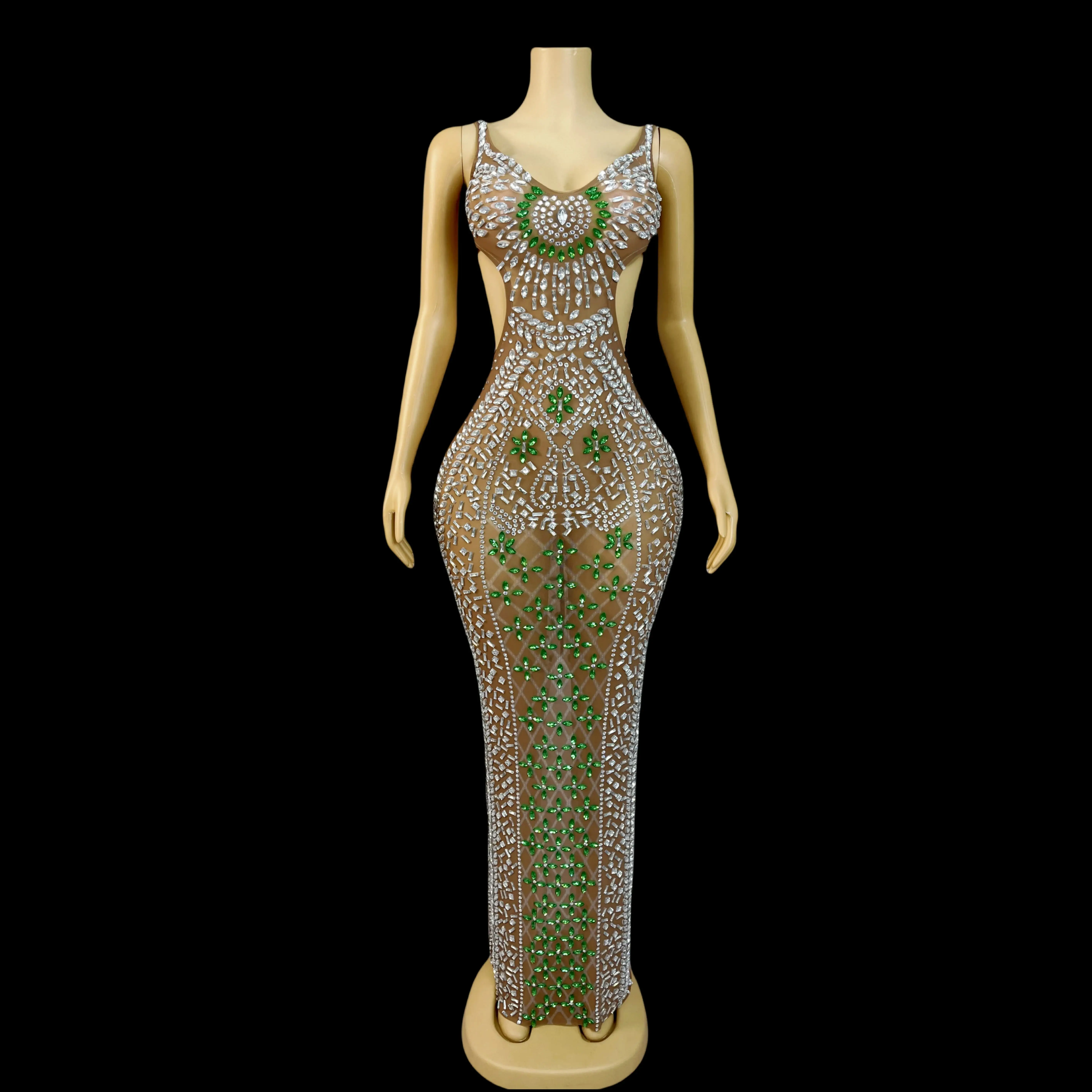 

Shiny rhinestone transparent sexy empty waist slip dress ladies evening red carpet elegant dress stage costumes Baokuanlv