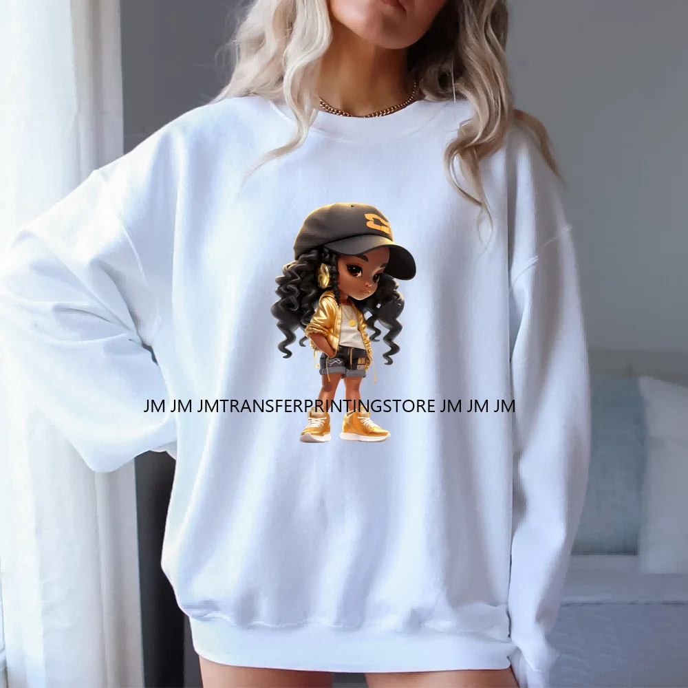 Personality Hip Pop Street Black Girl Iron On Thermal DTF Stickers Heat Transfers Printing Ready To Press For T-shirts