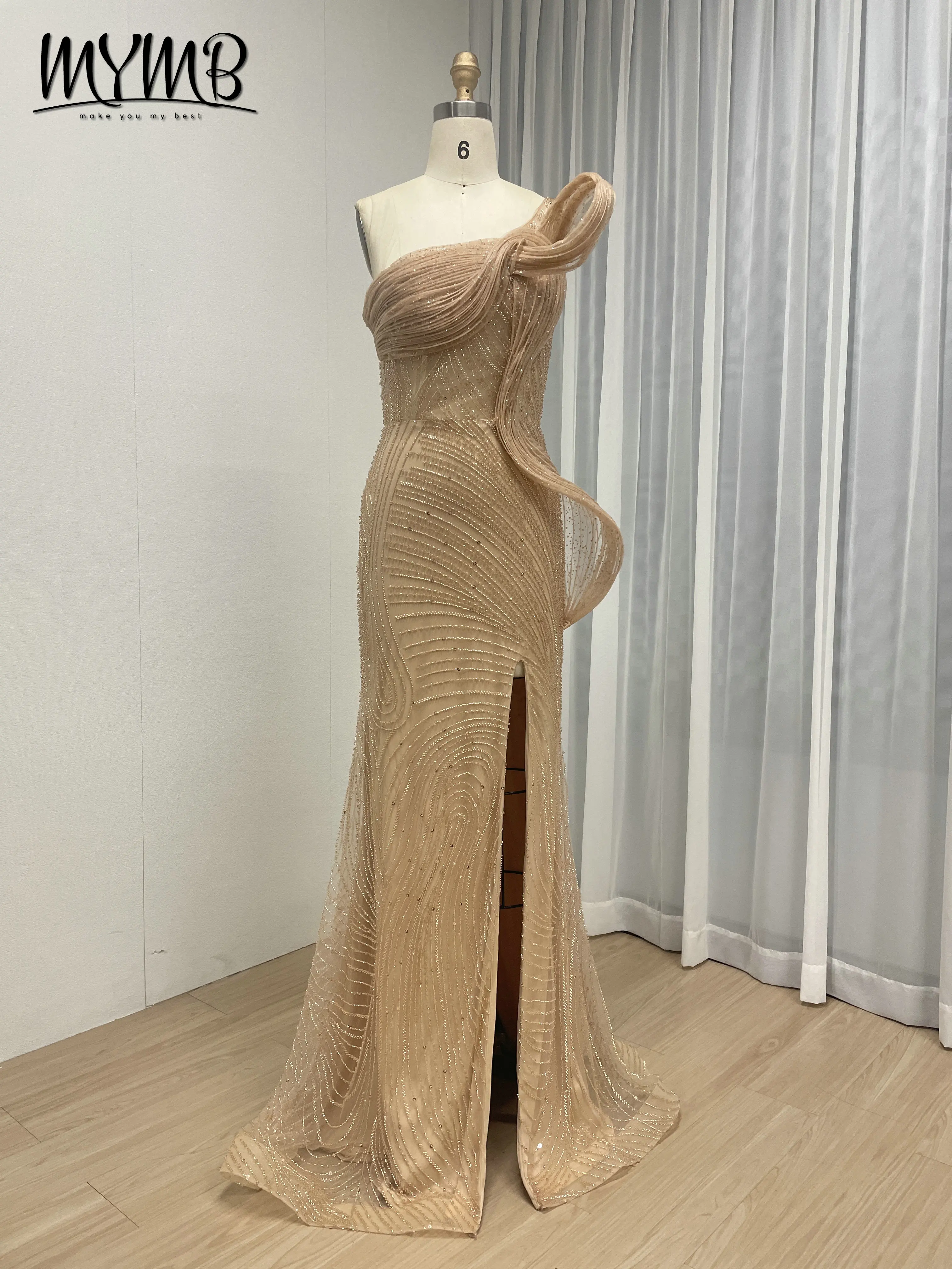 MYMB Luxury Champagne One Shoulder Evening Dress Beaded Sequined Formal Gowns High Slit Wedding Party Vestidos De Noche MC20137