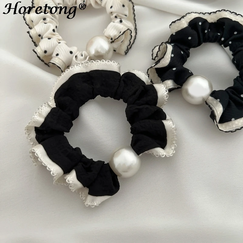 Horetong Pearl Elastic Hair Bands Simple Lace Vintage Hair Rope Ties Scrunchie Color Block Headwear Girls Women Hair Accessories