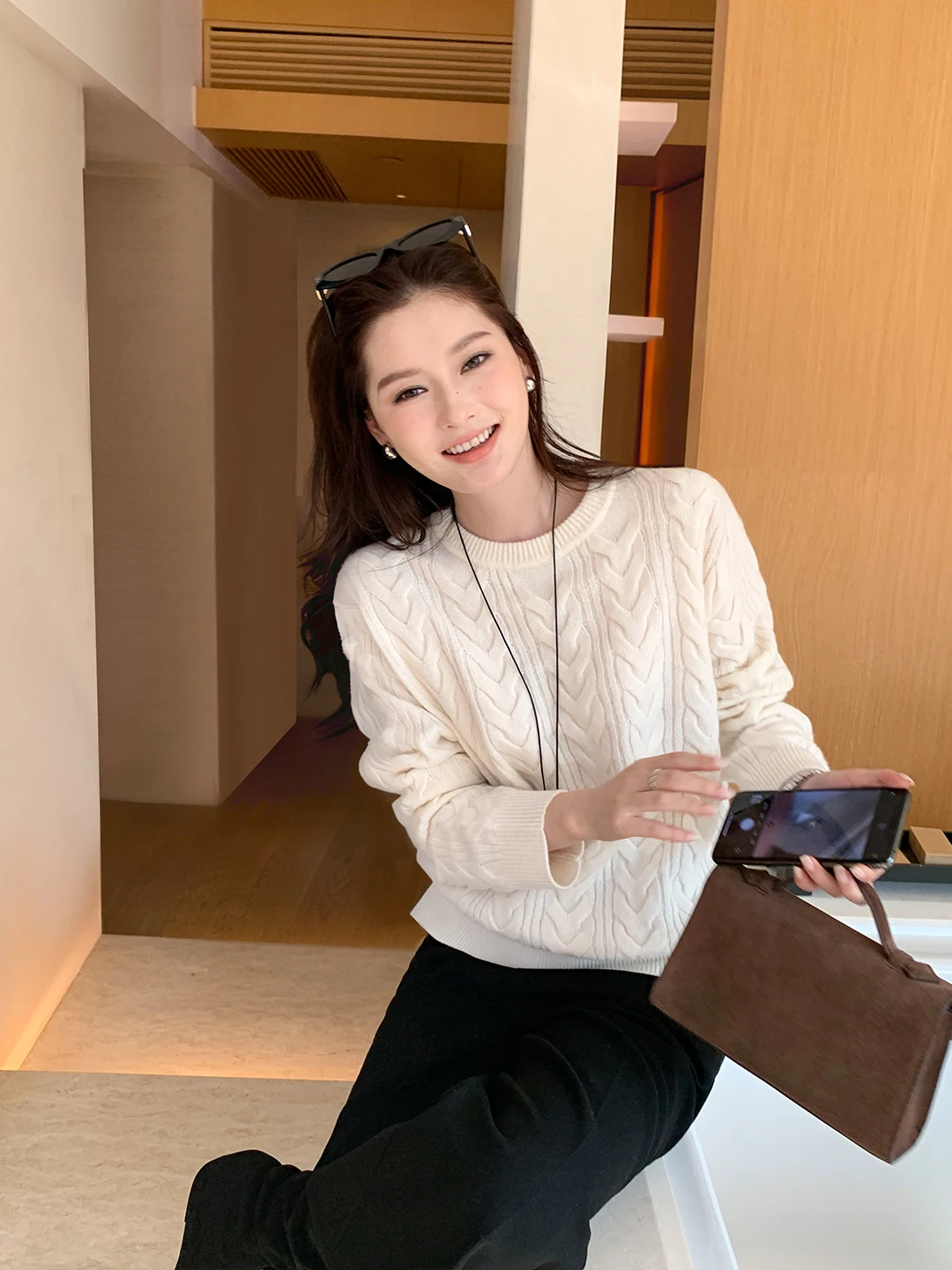 

Женский шерстяной свитер-пуловер с круглым вырезом, повседневный, с длинными рукавами, модный, с узором «косы»