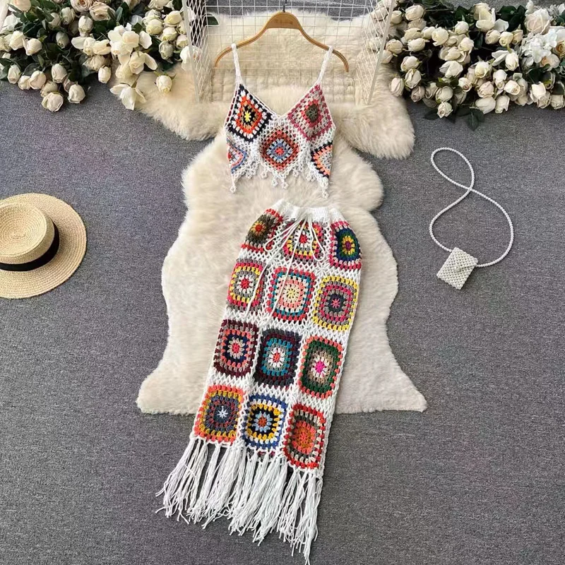 OUMEA Women Handmade Crochet Two Pieces Set Summer Beach Fringed Skirt Bohemian Multi Color Sexy Crochet Set