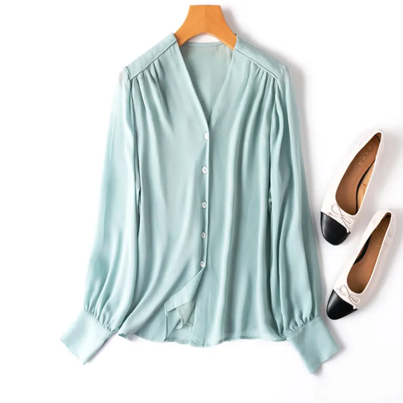 Women Silk Shirt 100% Mulberry Silk Aqua Blue Color V Neck with Lining Buttons Down Long Sleeve Top Blouse Office Lady MM703