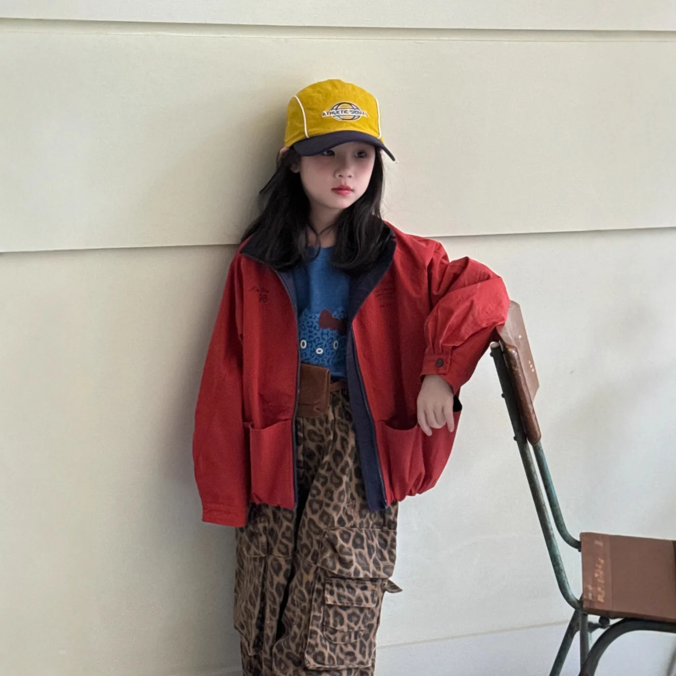 Children's coat 2025 autumn female baby Korean red zipper jacket children's leopard print large pocket wide leg long pants