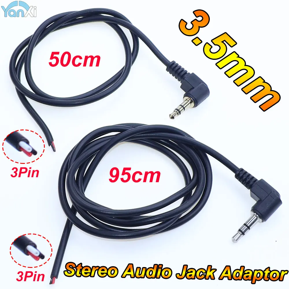 YanXi 1-5pcs 90 Degrees 3.5mm Stereo Headset Male Plug With Cable 3Pole Audio Jack Adapter Connector 50cm 95cm  Need to Weld