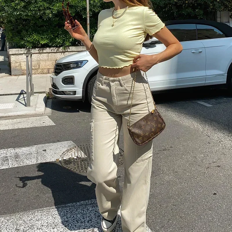 

Женские джинсы до щиколотки, брюки-карго, джинсовые брюки с высокой талией, свободная одежда, однотонная уличная одежда, весна, прямые карманы, лето