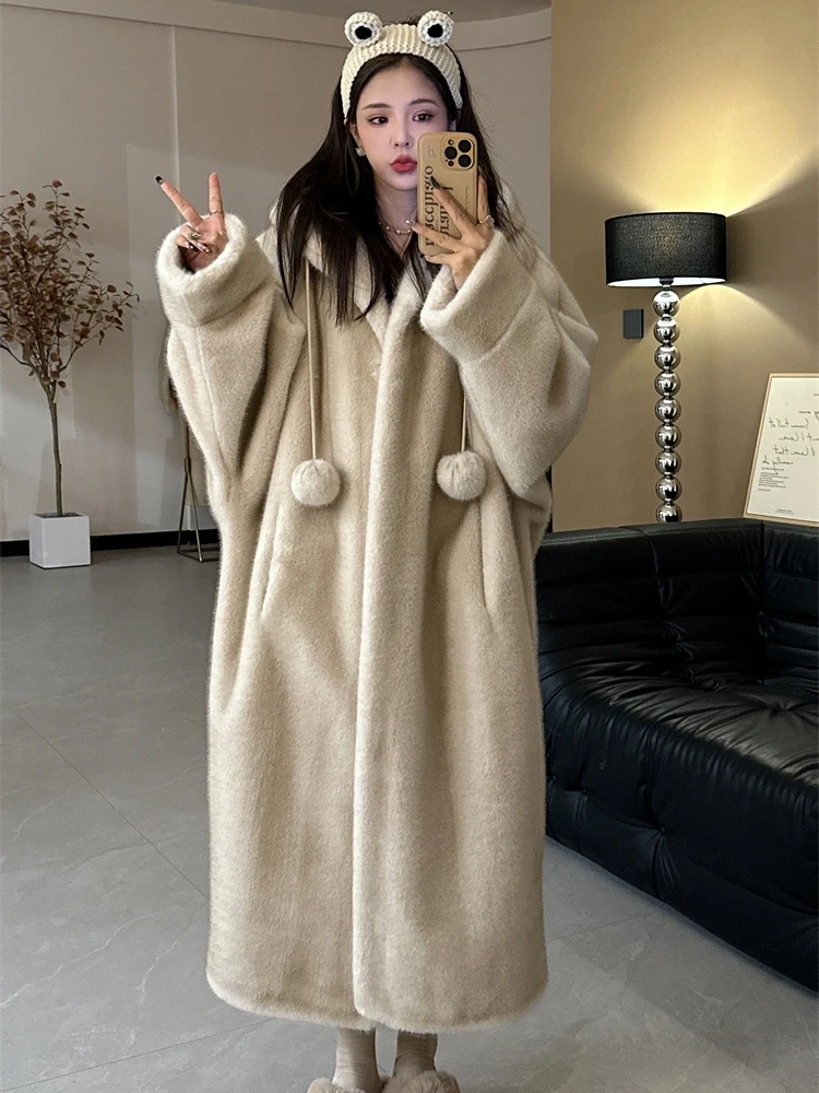 

Зимнее длинное норковое бархатное пальто с капюшоном, женская экологически чистая меховая верхняя одежда, корейская одежда для поездок на работу и ветер с высоким воротником