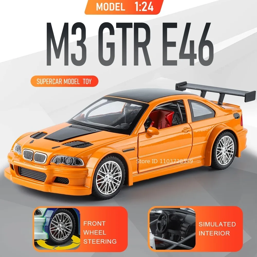 

1:24 M3 GTR E46 M4 Model Sports Car Toys Alloy Diecast Doors Opened Sound Light Front Wheel Steering Pull Back Ornament Supercar