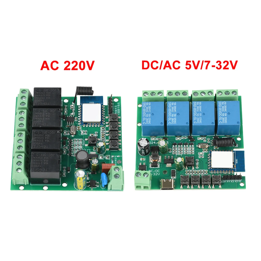 

AC 220 В трехрежимный 4-канальный модуль релейного переключателя дистанционного управления Wi-Fi 433 МГц RF работает с приложением Tuya DC/AC 5 В/7-32 В