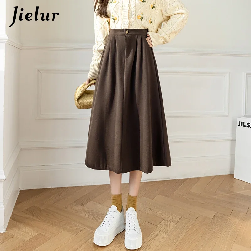 

Jielur Woolen Skirt Female Winter Loose Leisure A-line Skirts Womens Korean Simple Fashion Lady Coffee Black Faldas S-XL