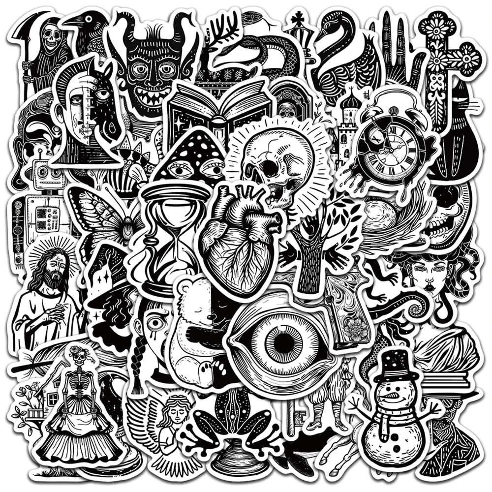 

50pcs Black and White Aesthetic Gothic Cartoon Horror Art Stickers For Luggage Guitar Laptop Phone Waterproof Vinyl Decals