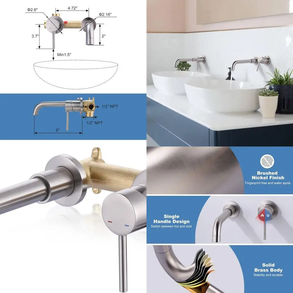 

Настенный смеситель для туалетного столика из матового никеля с одной ручкой, поворотным изливом и грубым клапаном