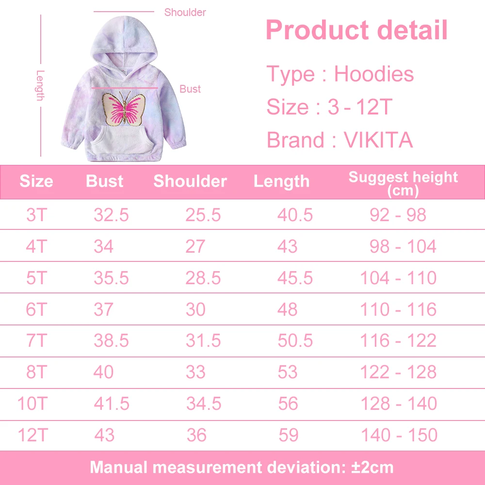 VIKITA Kids Fleece Hoodies Girl Butterfly Sequined Appliqued Cartoon Hoodies with Pockets Girls Gradient Coat Outwear Sweatshirt