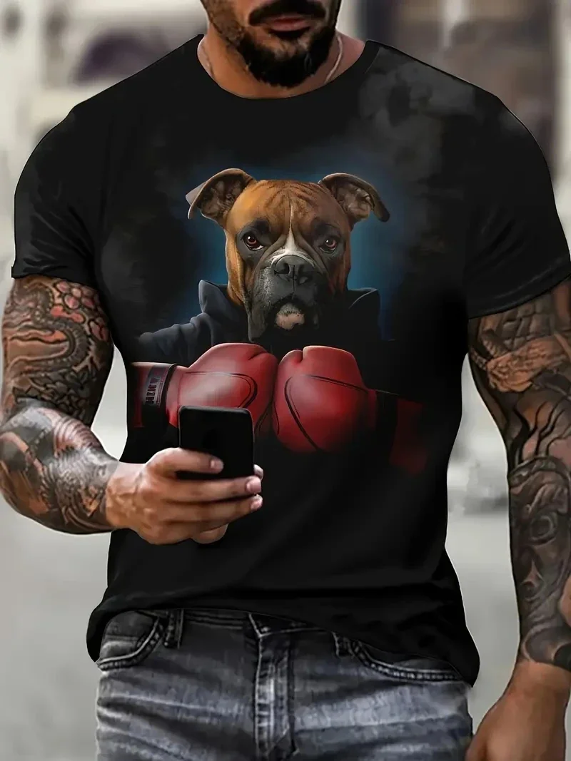 Men's Fashion Dog Print Sports T-shirt Casual Stretch Round Neck Tee Shirt For Summer