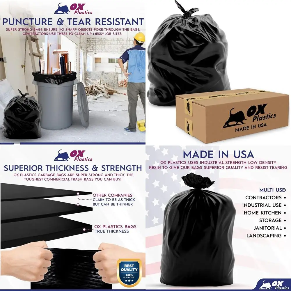 

60 Gallon Heavy-Duty Trash Can Liners, 50 Pack, 2 Mil Thick, Leak-Proof, Durable, Black