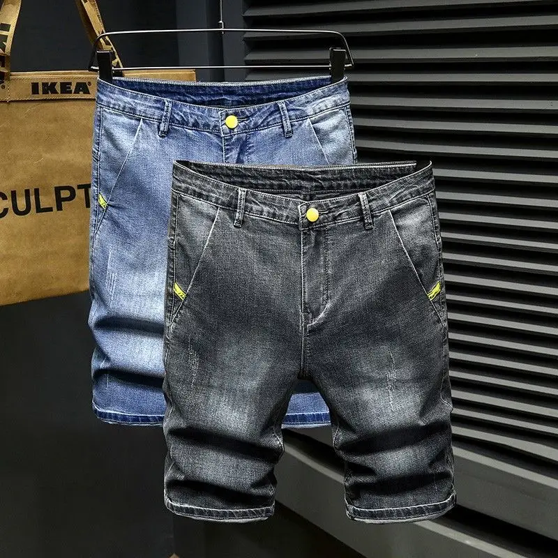 

Летние тонкие джинсовые шорты, мужские эластичные молодежные трендовые повседневные универсальные короткие средние полубрюки, полулетние молодежные майки для мужчин