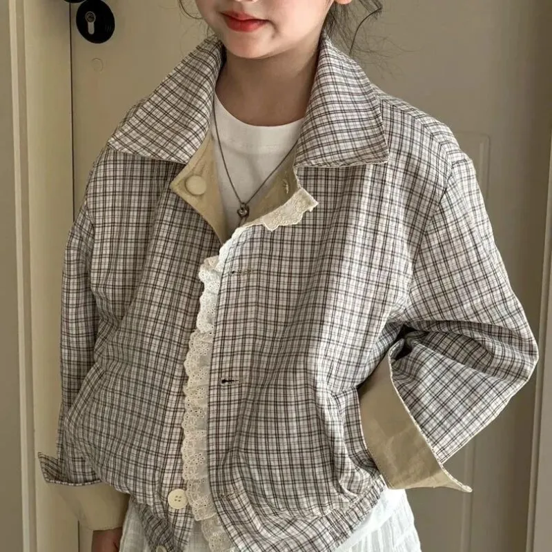 

Spring and Autumn Children's Hooded Jacket Fashion New Style Girls' Double sided Zipper Plaid Jacket