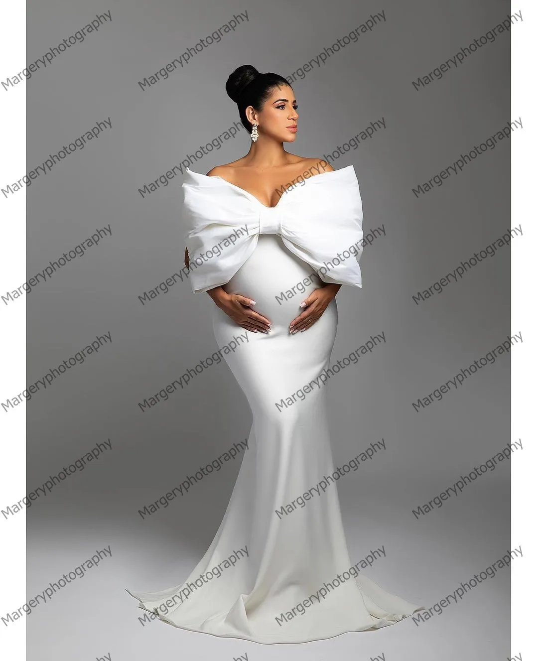 White Big Bow Mermaid Pregnancy Dresses Fashion Strapless Spandex Long Maternity Gowns For Photo-shoot Bridal Party Dress