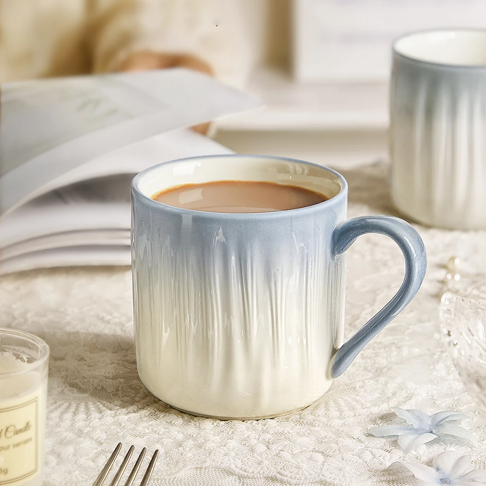 Gradient Glaze Ceramic Mugs Vertical Texture Cups Exquisite Large Capacity Office Coffee Mug Home Use Daily Milk Water Cup