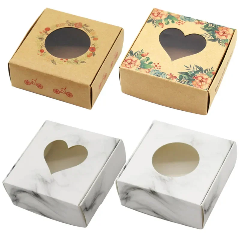 10Pcs Flower Pattern Kraft Paper Box with Window Handmade Soap Gift Boxes For Guest Jewelry Display Box Party Decorations