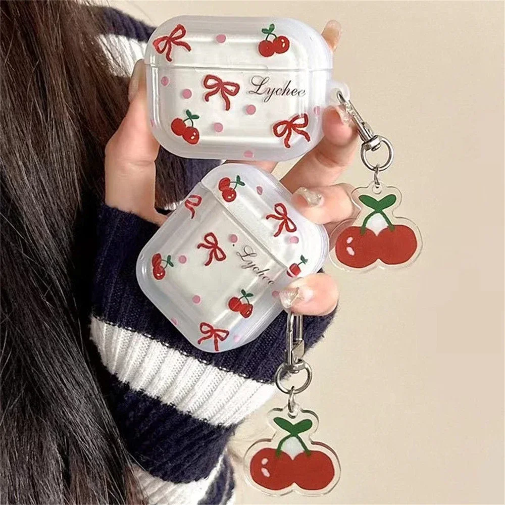 Korean Cute Bow Cherry Earphone Case For Apple Airpods Pro 2 3 Cover with Charm Silicone Headphone Charging Cases For Airpod 4