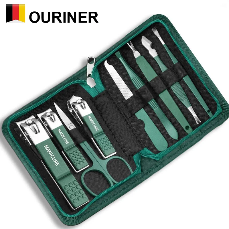 Green 9 Pcs Manicure Set With Leather Case Professional Foot And Face Care Tool Kits Stainless Steel Nail Clipper Sets Gift