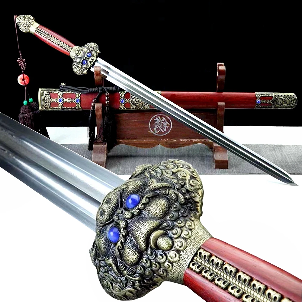 Tradition Handmade Chinese Ming Dynasty Dragon Saber Jian Yongle Emperor Sword Sharp Folded Damascus Steel Blade/Red Wood Saya