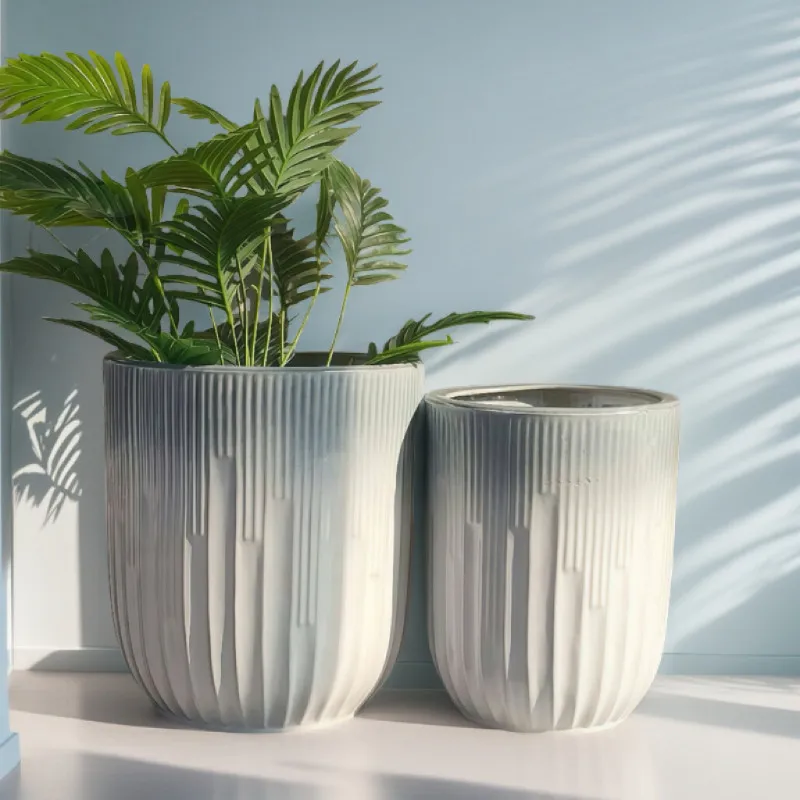 Internet celebrity flower pot ceramic new striped large high value indoor balcony courtyard potted plant fortune tree sky bird