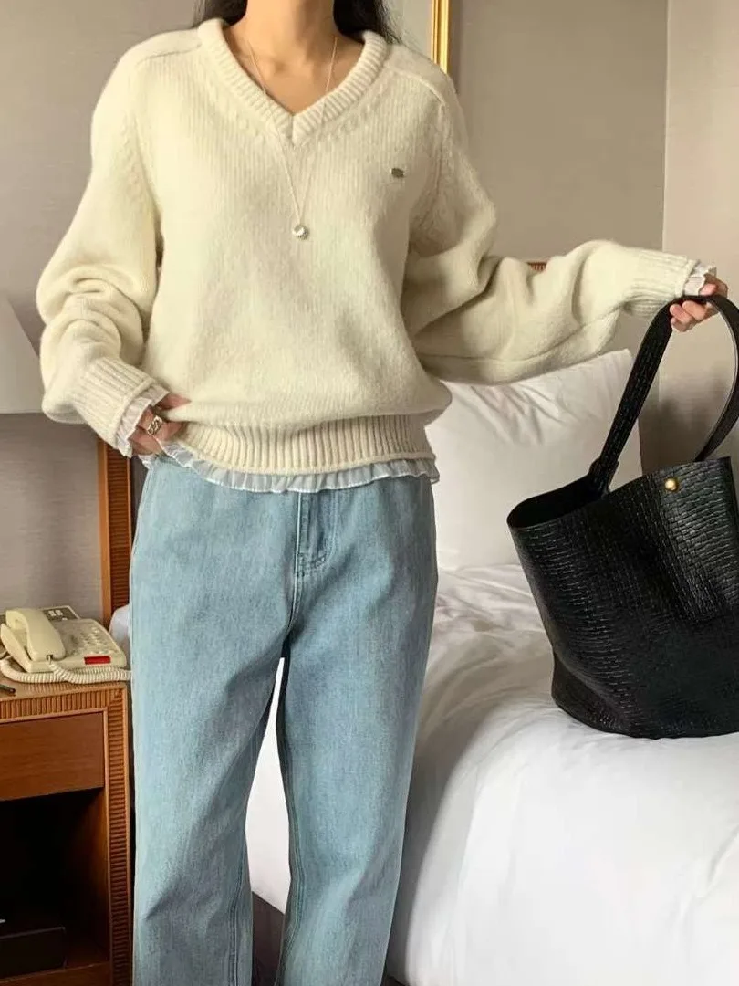 أنيقة الدانتيل تقليم متماسكة سترة V-Ne المرأة الحلو تنوعا تصميم أعلى لطيف لينة الشتاء Faion عارضة شيك Sle