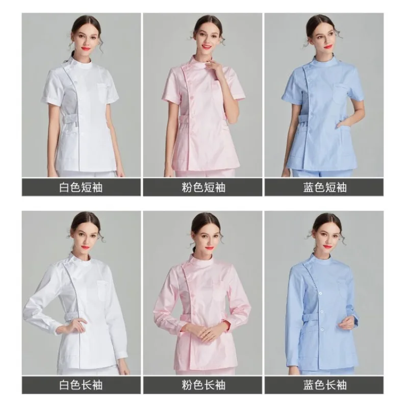 Weiße kurze Scrubs Top Krankenschwester Uniformen Set Laborkittel Arzt Uniform Frauen medizinische Kleidung rosa Schönheitssalon Langarm Kleidung