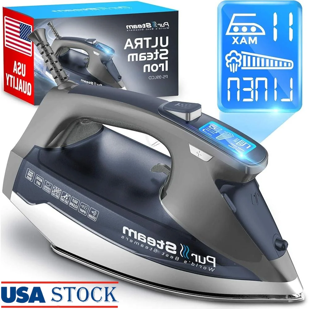 1800W スチームアイロン LCD スクリーン付き ノンスティックセラミックソールプレート 自動シャットオフ 滴下防止 高速しわ取り 垂直スチーム
