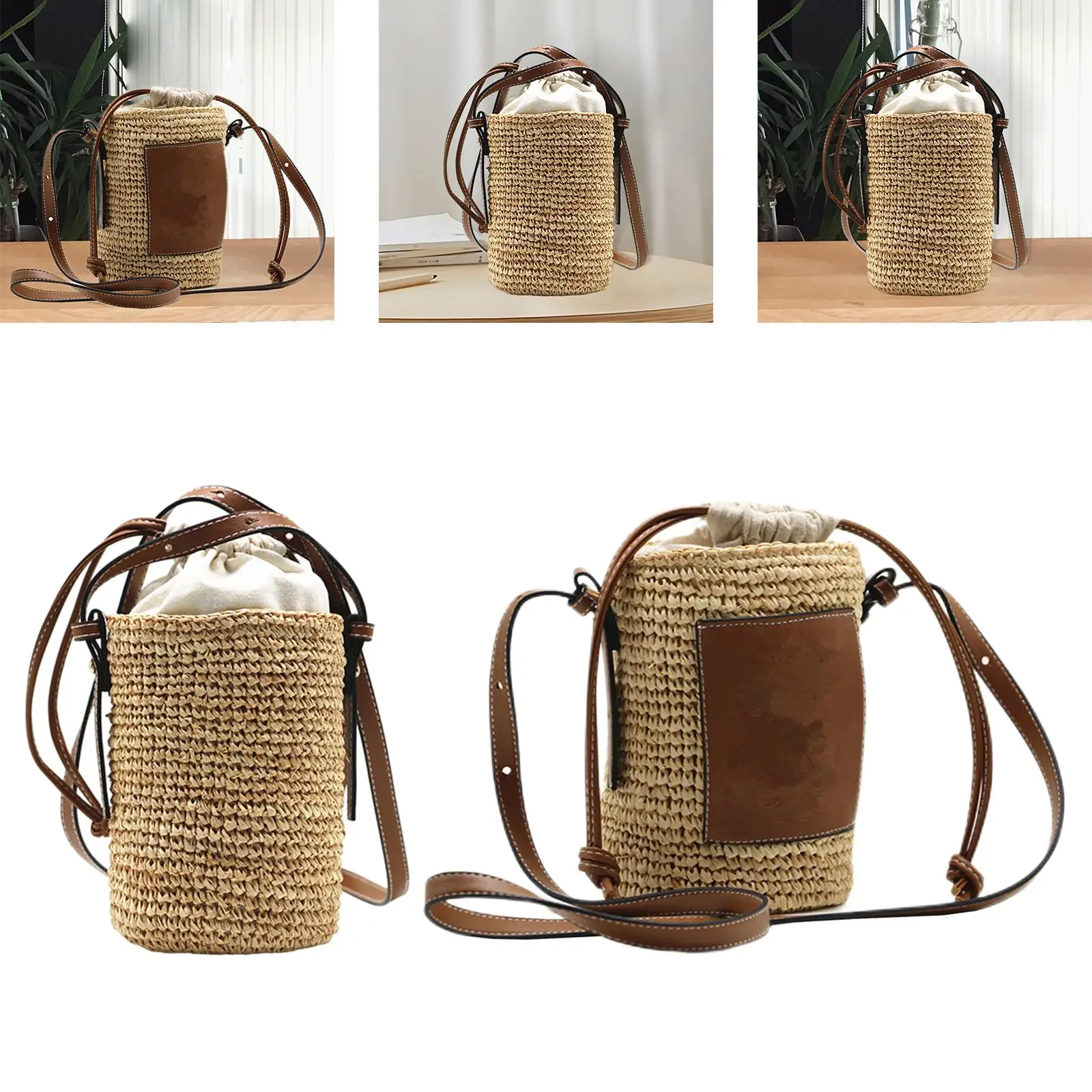 Chic Women Round Straw Handbag Ladies Casual Bags Shoulder Bag Round Barrel Crossbody Bag for Travelling Shopping Holiday Gifts