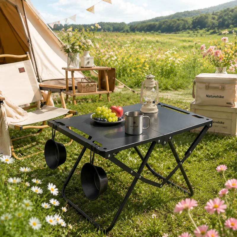Portable Foldable Beach Table, Picnic & Camping Table with Hollow Edge, Hangable Items Feature, Lightweight and Easy to Move