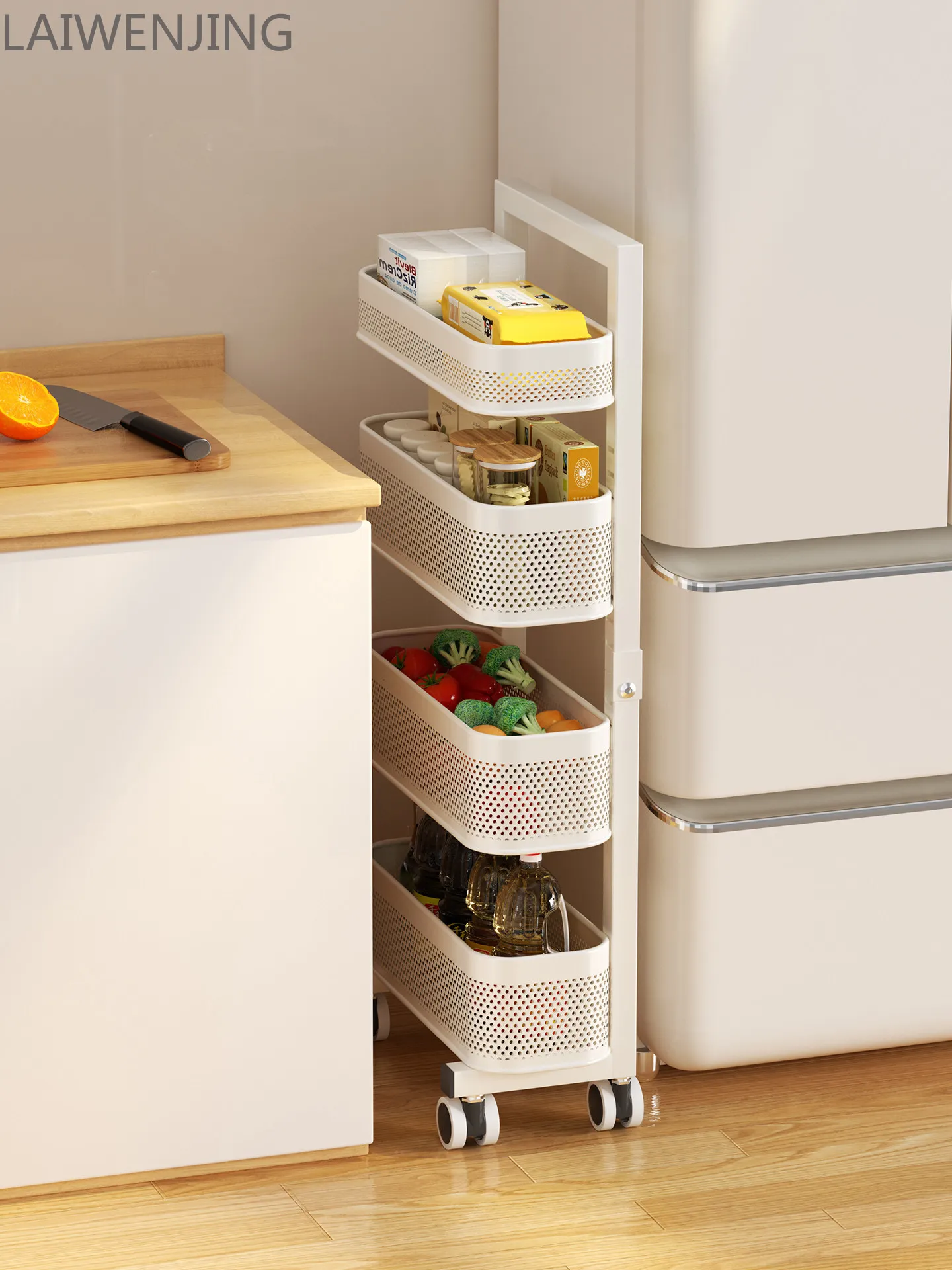 Kitchen slit storage rack, ultra-narrow slit pull basket, adjustable movable trolley, refrigerator side slit storage cabinet