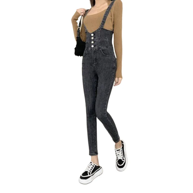 Cintura alta estiramento jeans magros macacão feminino primavera novo estilo coreano macacão reto