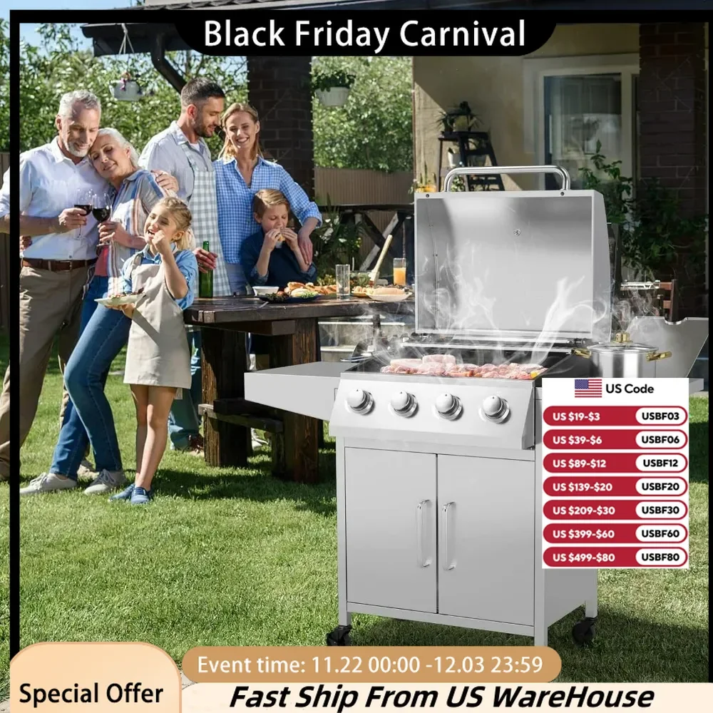 Propane gas grill, stainless steel heavy duty grill, propane tank cabinet, outdoor cooking