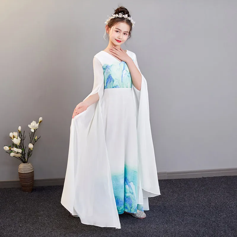 Estilo chinês decote em v branco impressão hanfu meninas traje antigo guzheng vestido de fadas cosplay palco wear