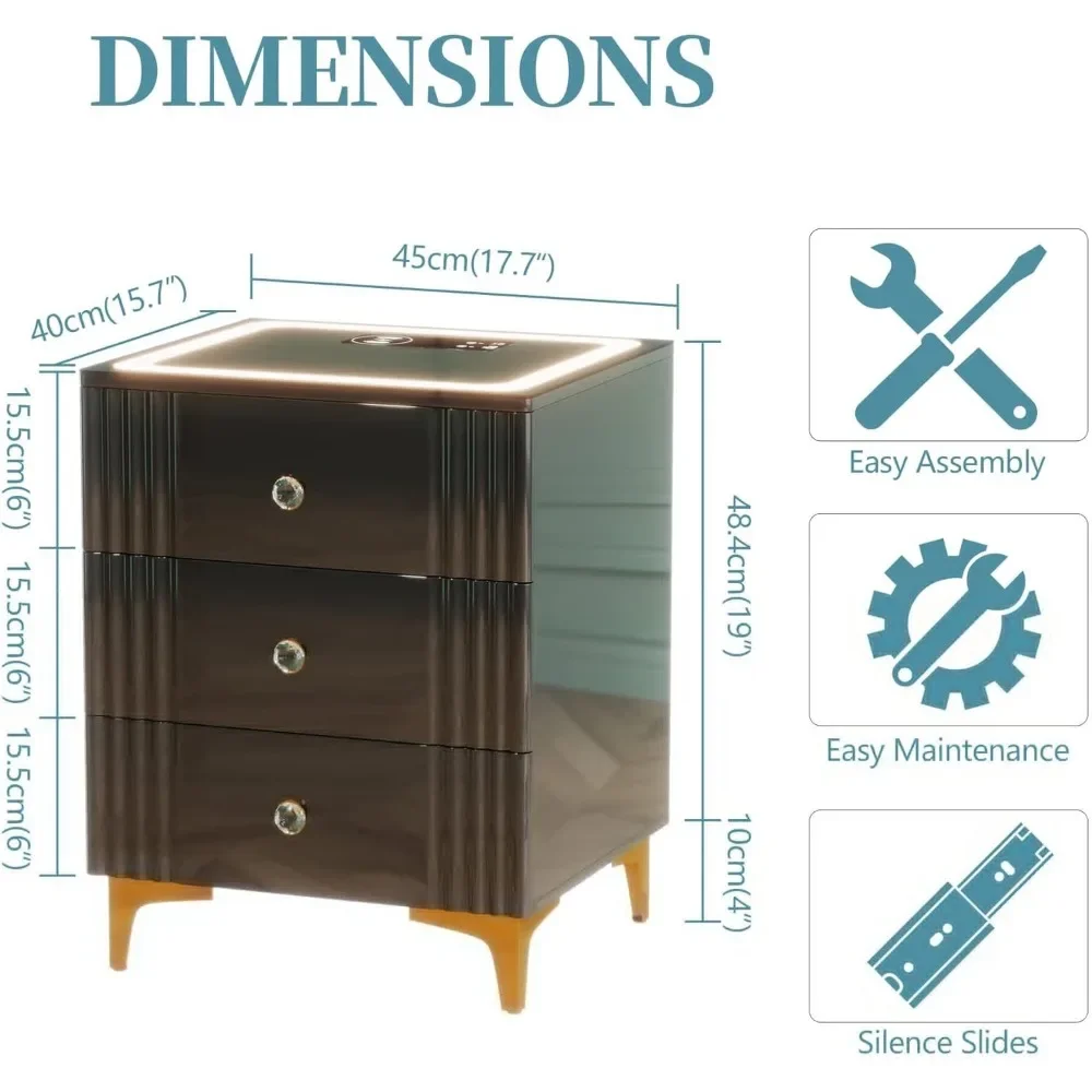 Table de chevet intelligente avec station de charge sans fil, table de chevet moderne, veilleuse brillante, lumière à capteur automatique à intensité variable, 3 couleurs